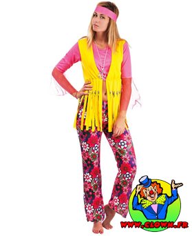Déguisement adulte hippie femme rose et jaune