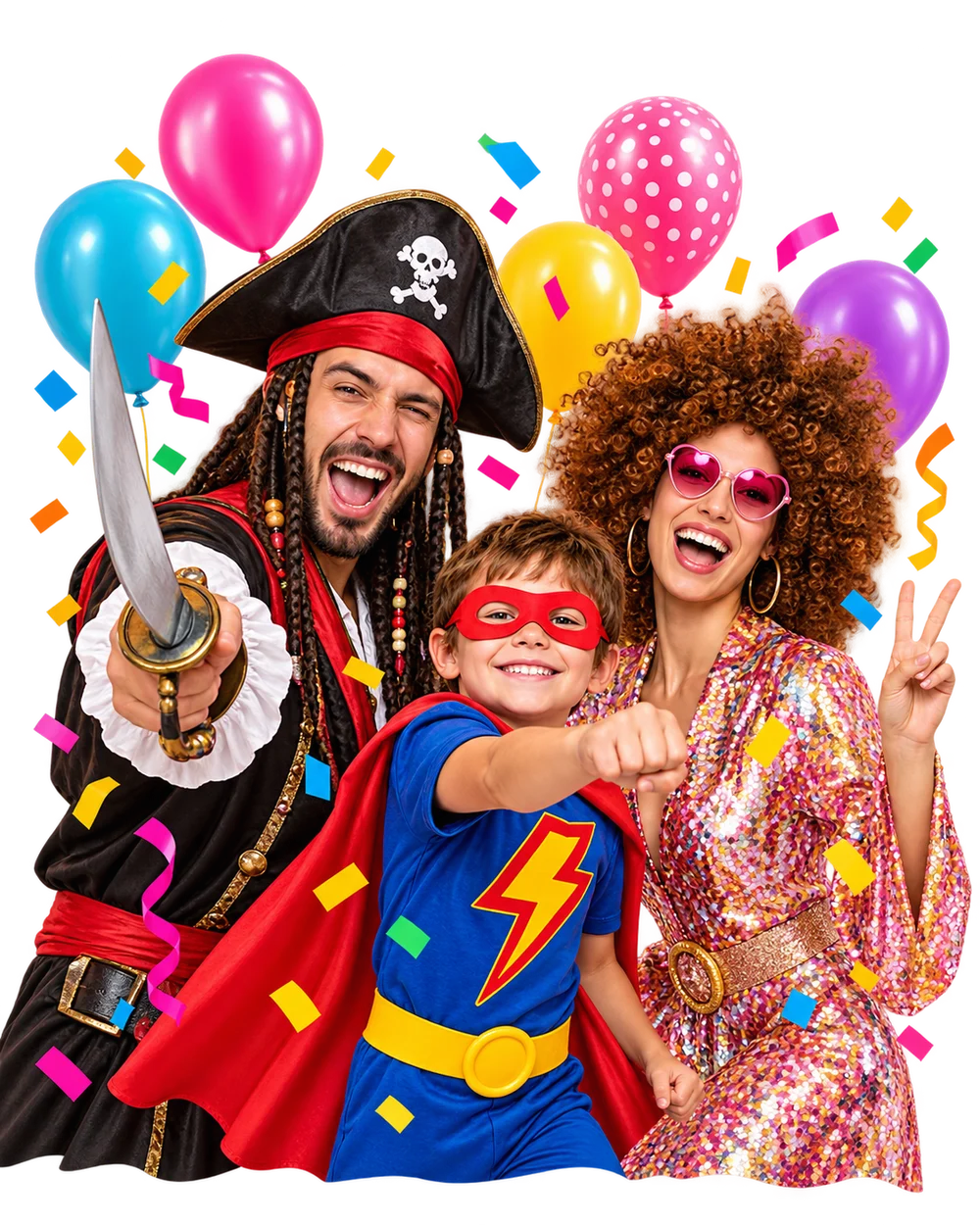Un pirate, un enfant déguisé en super-héros et une femme en costume disco, hilares au milieu des ballons et des confettis
